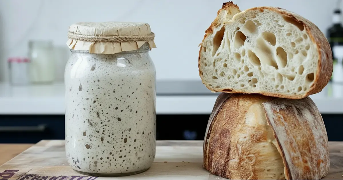 Active sourdough starter in glass jar next to freshly baked bread showing perfect open crumb structure
